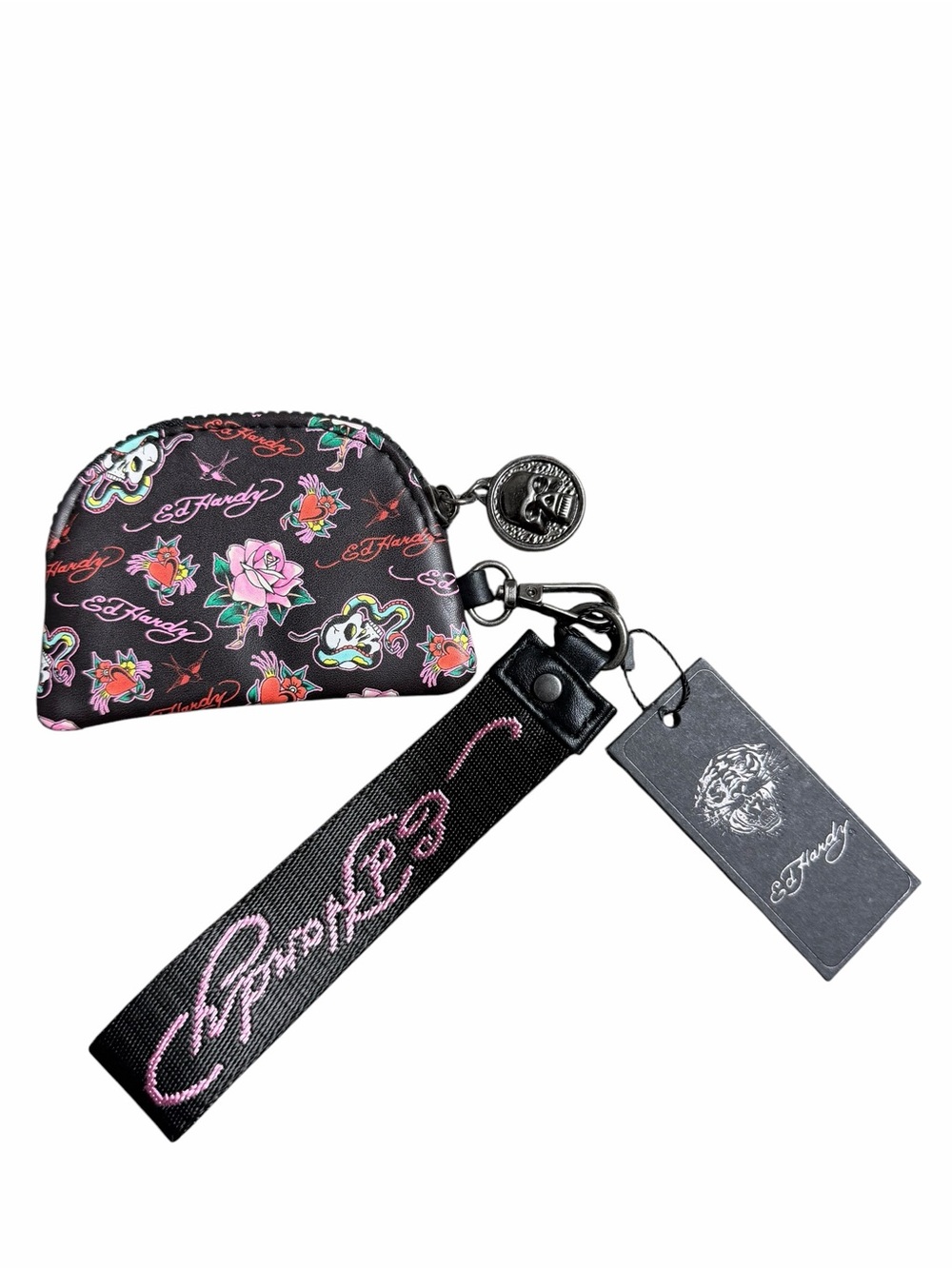 Ed Hardy Black Coin Pouch with Pink Script Wrist Strap